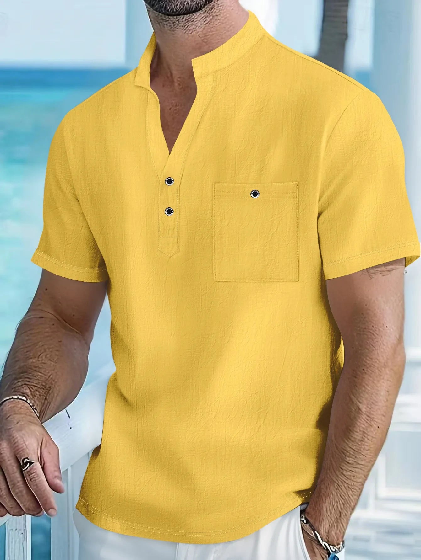 Men's linen blend stand collar t-shirt in loose pullover style available in multiple colours