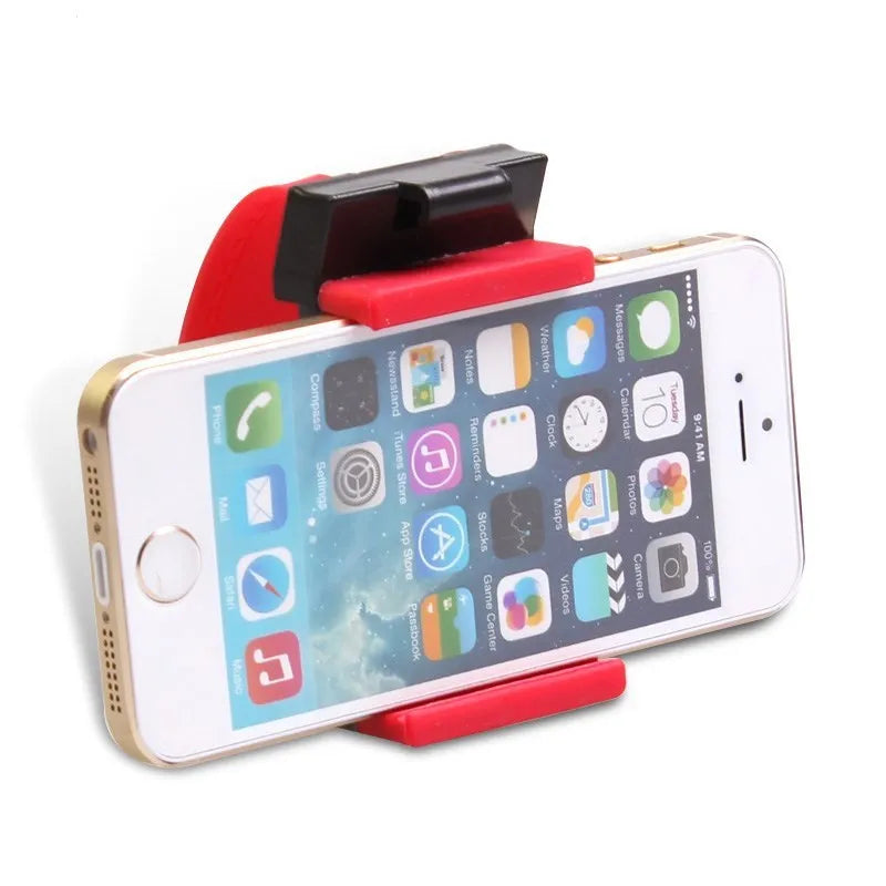 Black universal steering wheel phone clip mount holder showing phone compatibility.