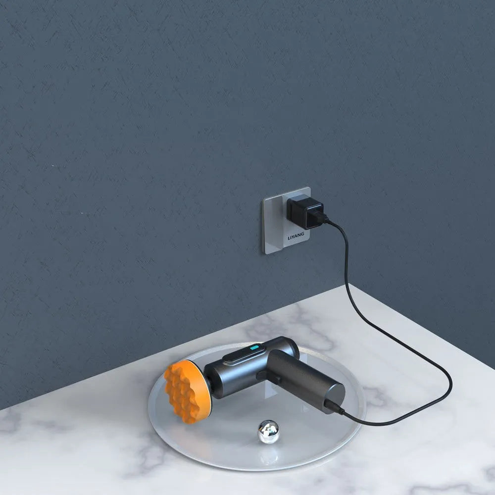 Cordless electric waxing and polishing machine with a white ABS housing and a 7.7cm black polishing disc attached.