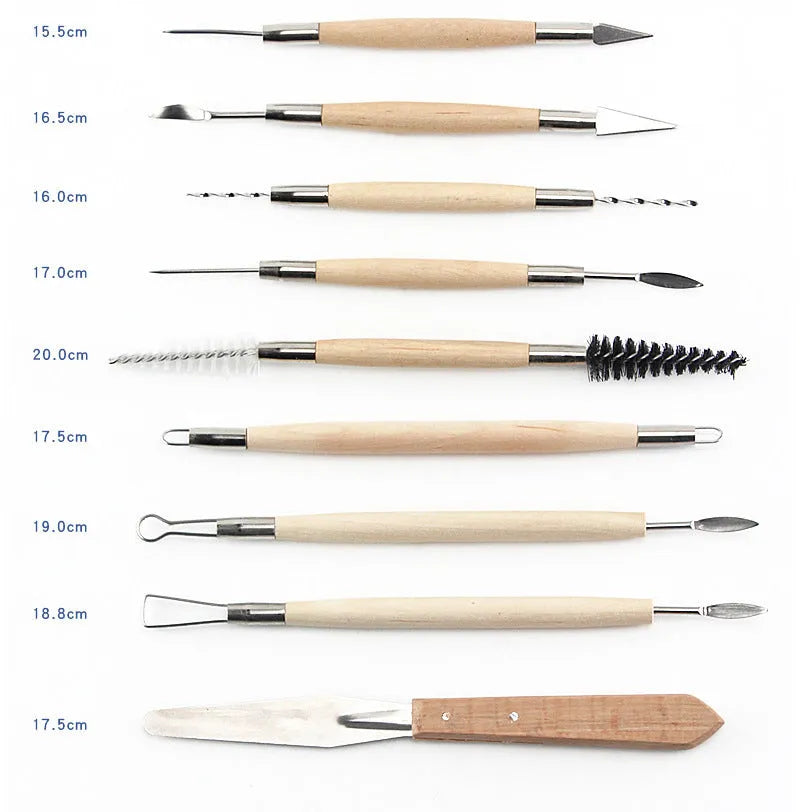 27-piece pottery clay tool set with wooden, stainless steel, and plastic tools in OPP storage bag
