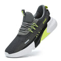 Men's mesh running shoes with rubber sole round toe design available in black green white yellow