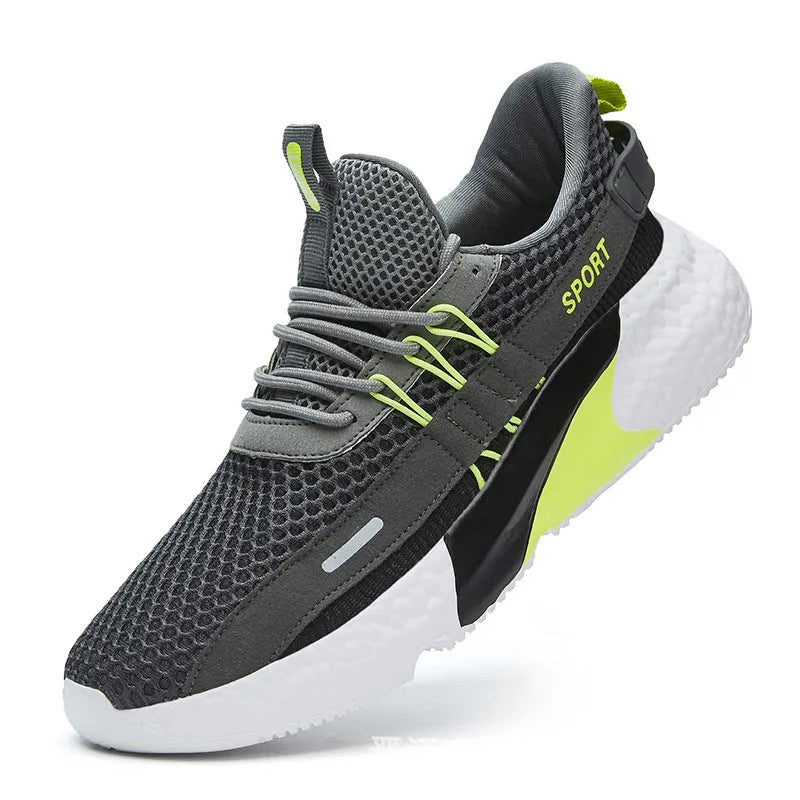 Men's mesh running shoes with rubber sole round toe design available in black green white yellow