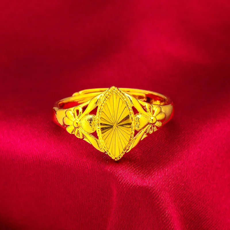Women's gold electroplated brass ring with open diamond flower geometric texture design