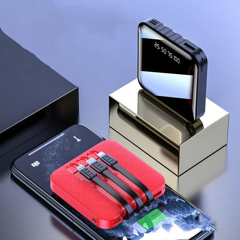 Black and red Mirror three-wire power bank with attached USB cable, showing compact size.