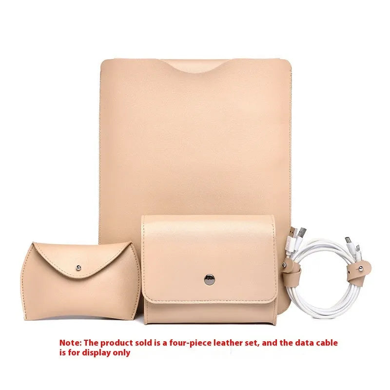 Set of four imitation leather protective covers for laptop edges in brown, gray, apricot, and light pink colours