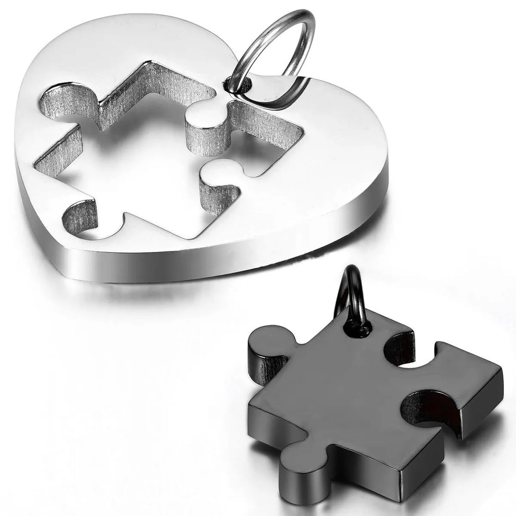 Stainless steel love pendant necklace couple puzzle heart 52mm in silver colour gloss finish