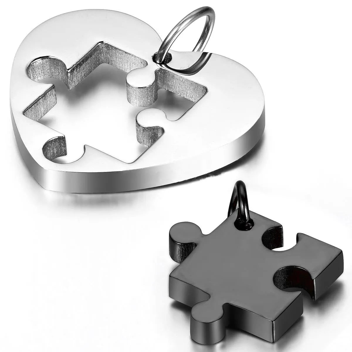Stainless steel love pendant necklace couple puzzle heart 52mm in silver colour gloss finish