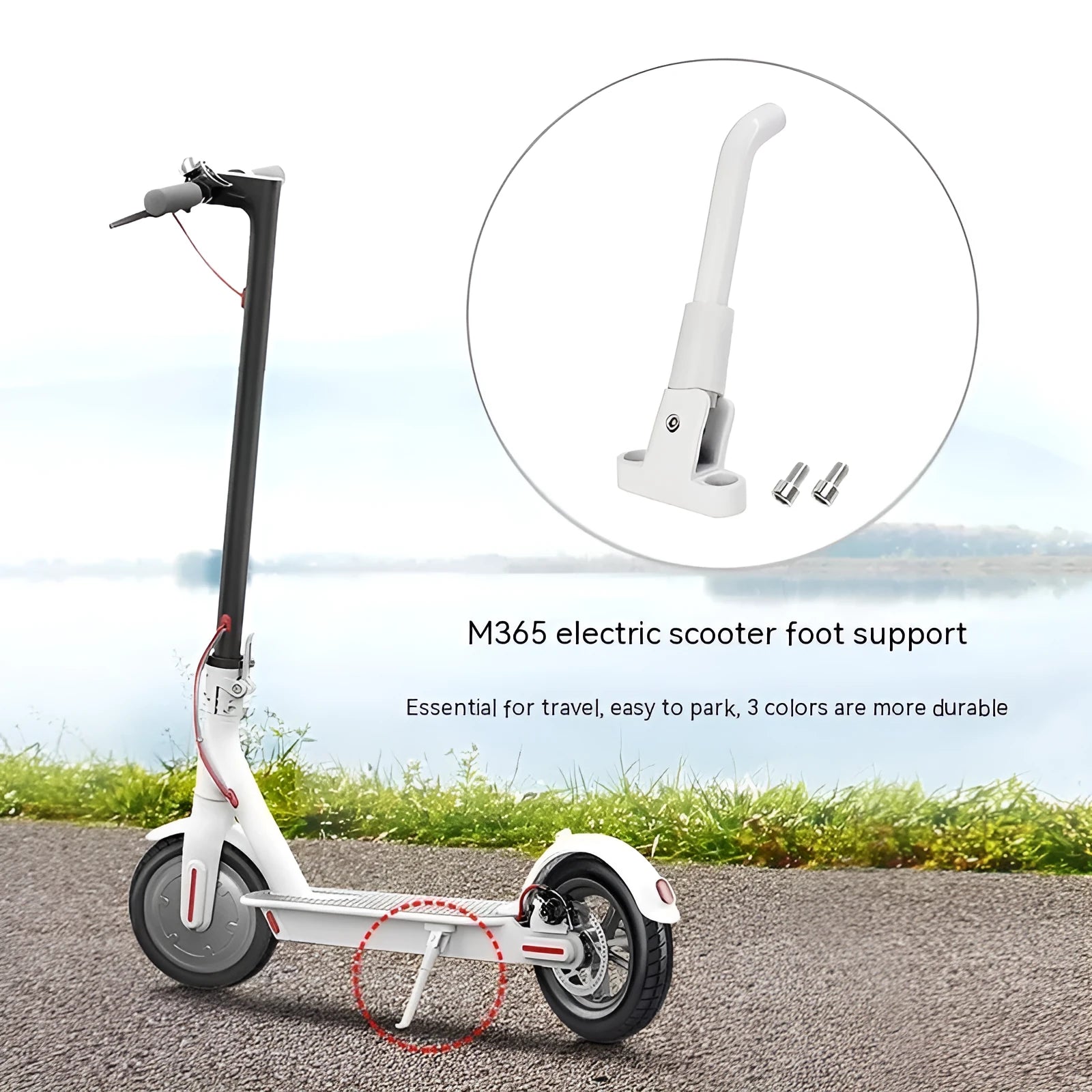 Aluminium alloy electric scooter foot brace accessory kit in black, white, and grey colours with hex wrench