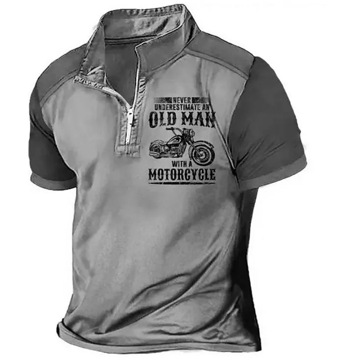 Men's short sleeve polo shirt with printed letter pattern and decorative zippers on the lapel.