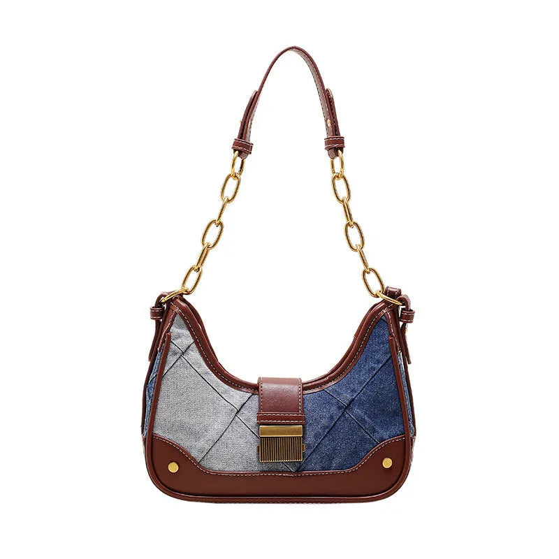 Brown denim women's bucket shoulder bag with diamond chain straps and lock detail