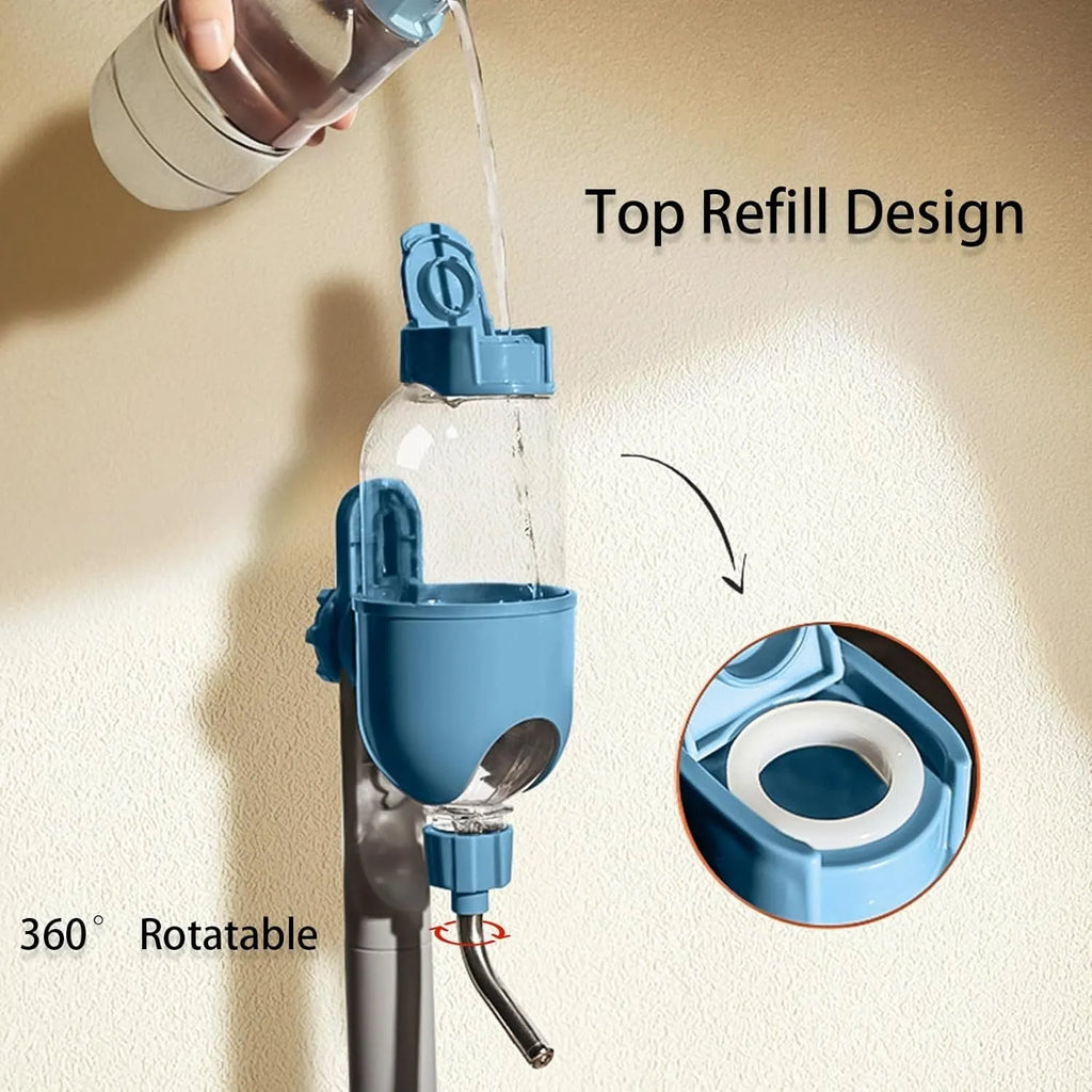 Blue small animal water bottle with rotating nozzle mounted on cage bars