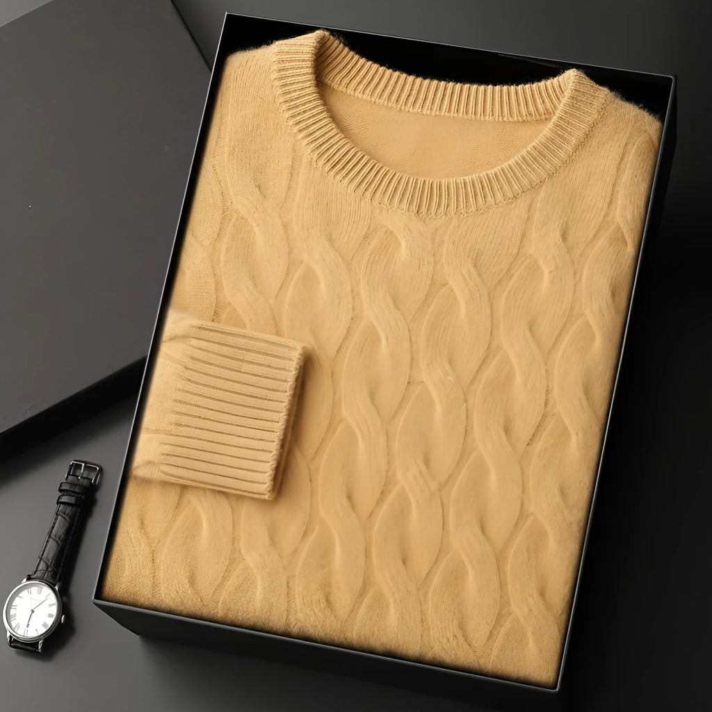 Men's thickened cashmere sweater with round neck, long sleeves, and twisted design in White, Flower Blue, Yellow Camel, Light Gray, Dark Gray, or Purple Velvet.