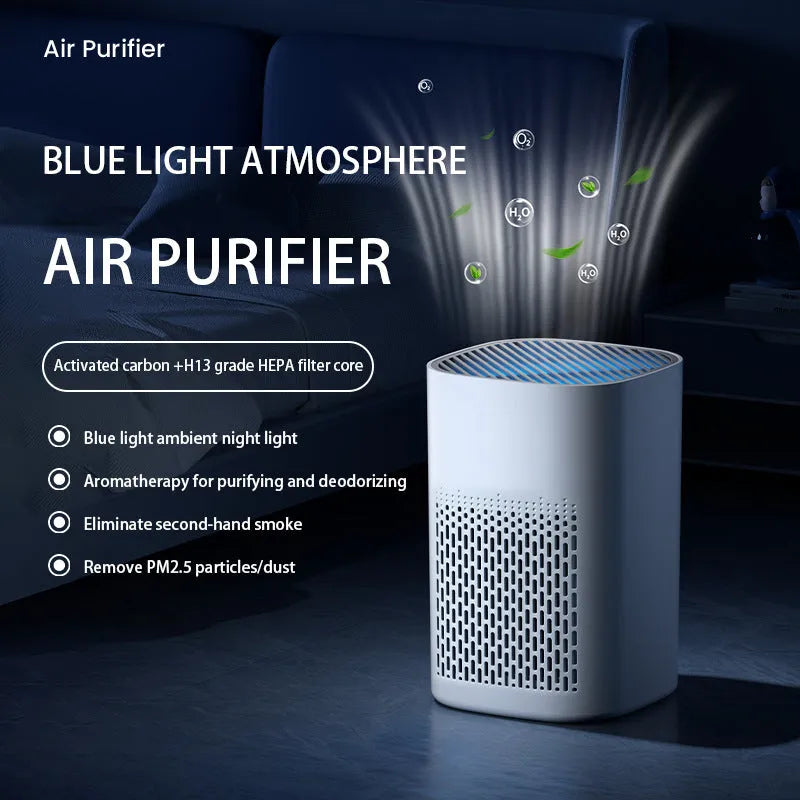 Simple-style desktop air purifier with USB cable and panel heating on a wooden desk.
