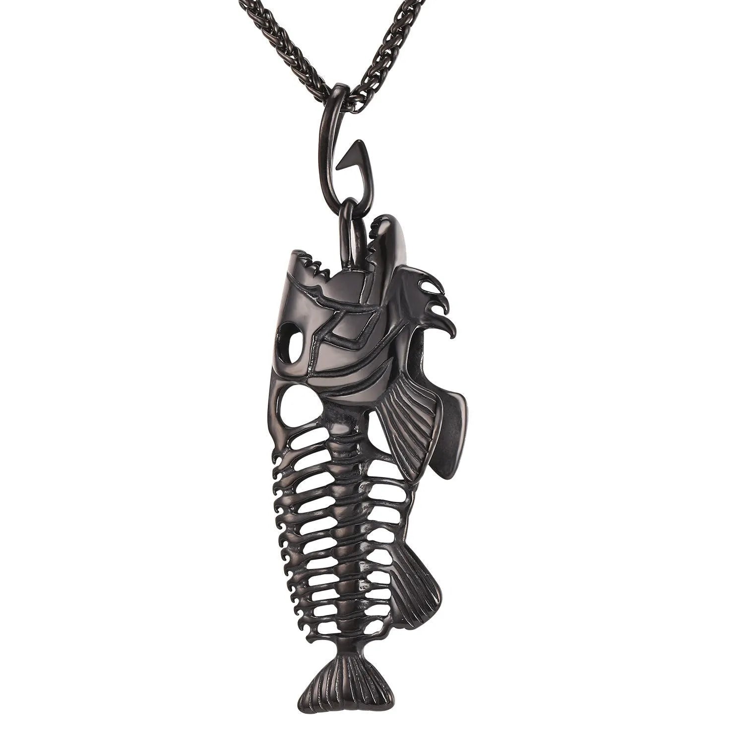 Fish bone pendant necklace in titanium steel with gold plated finish