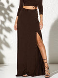 Women's long polyester skirt with side high slit, mid-length, in dark gray navy blue brown or black, sizes S to XL