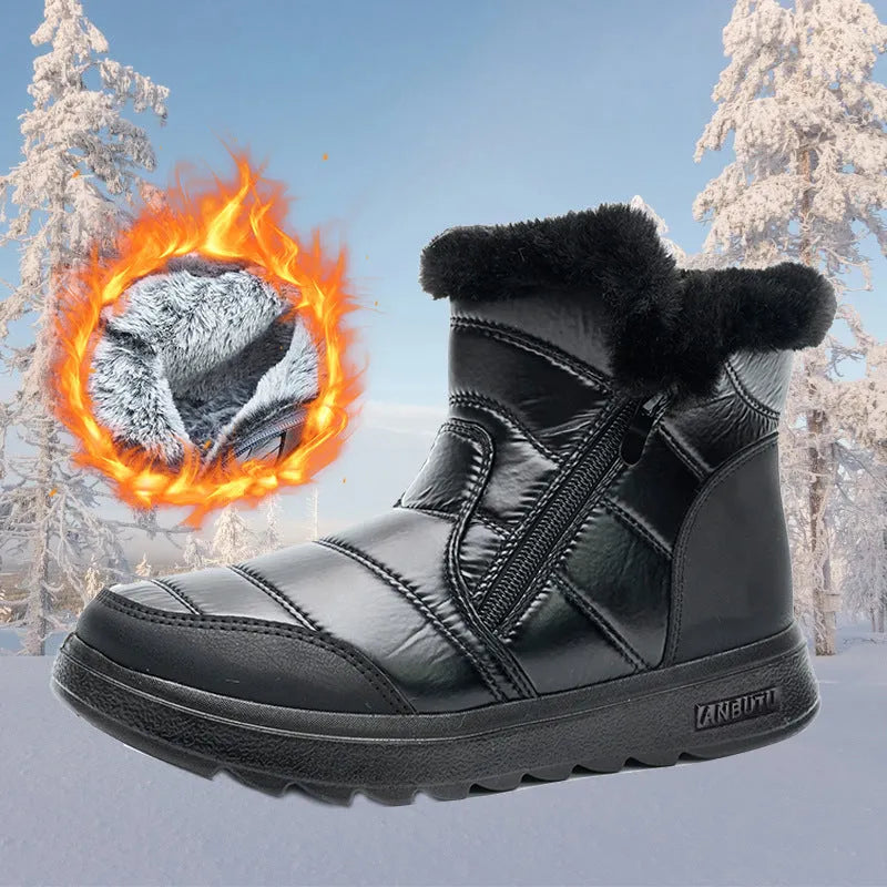 Winter high top snow boots with side zipper, fur upper, plush lining, and polyurethane sole in black