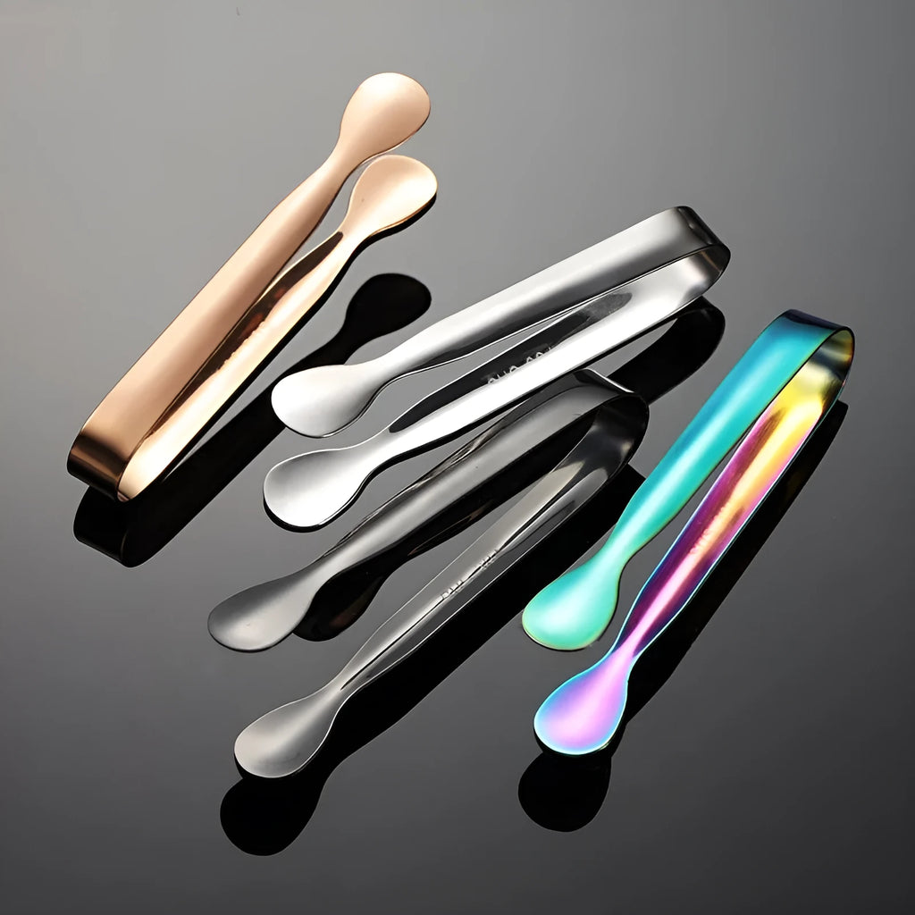 Stainless steel ice clip in silver, gold, rose gold, magic colour, or black, for cocktails and chilled drinks