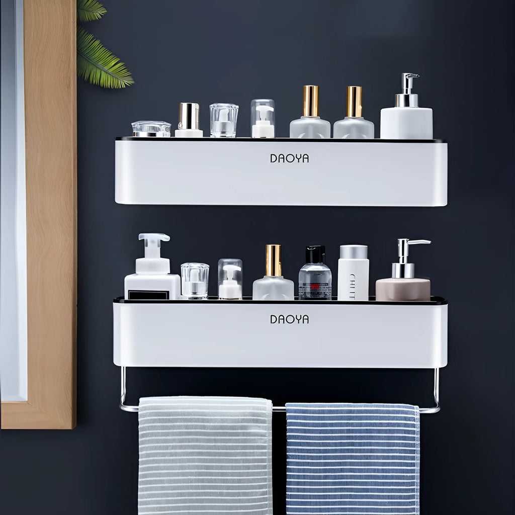 Plastic bathroom wall shelf unit with hole-free installation in black or grey