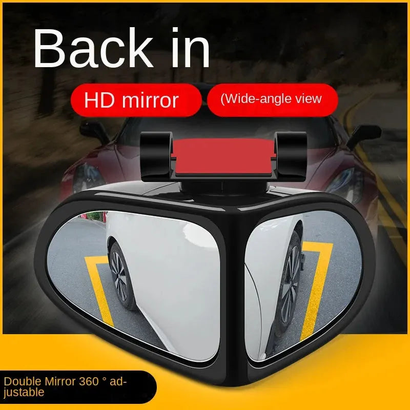A pair of round, adjustable wide-angle car mirrors with adhesive backing, shown in assorted colours.