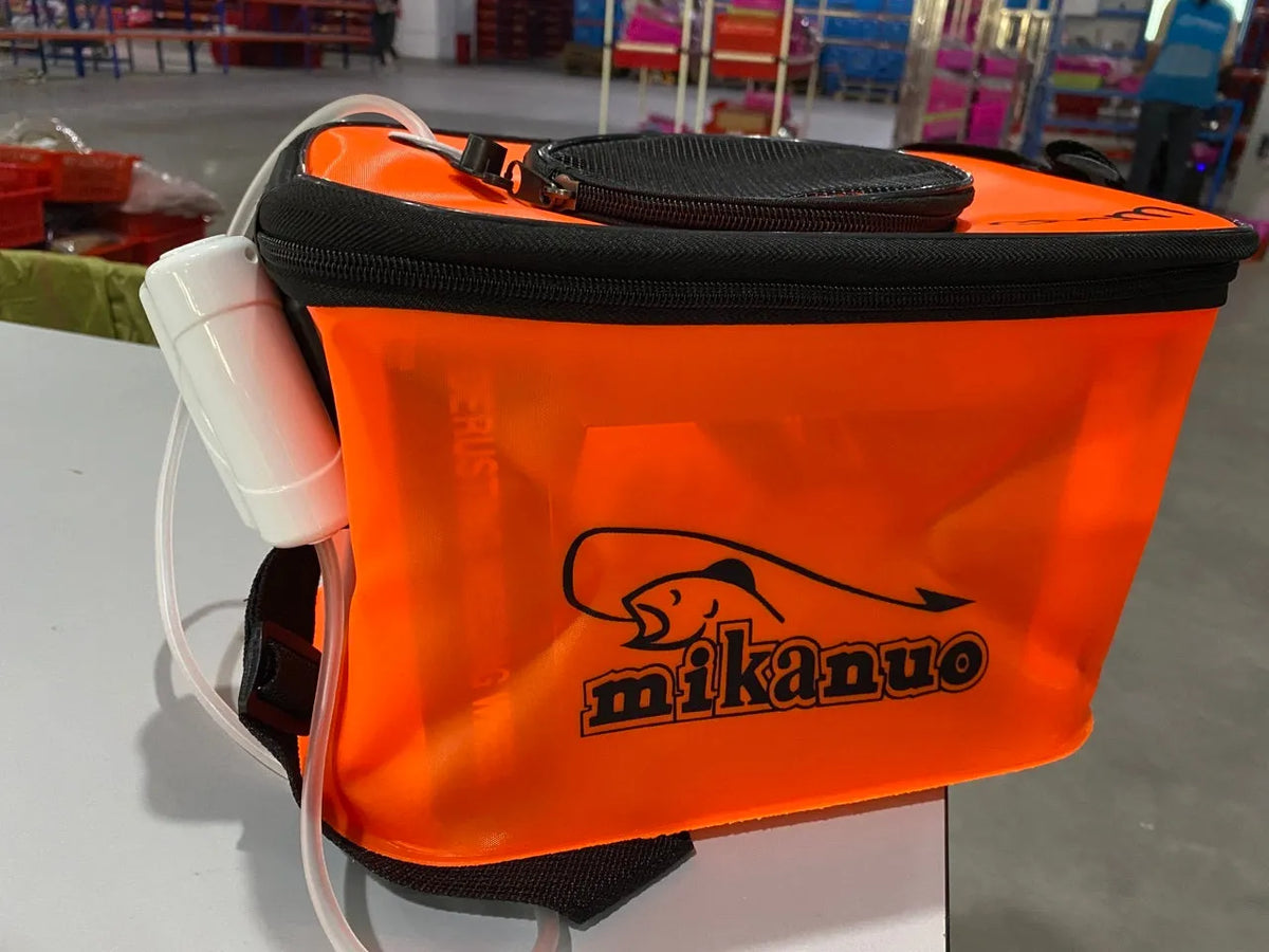 EVA portable fishing bag folded live fish box with thick nylon zipper, black and orange options, 30 cm to 50 cm.