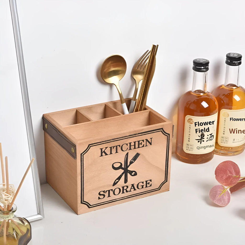 Wooden kitchen storage box for knives forks chopsticks with internal divider grid