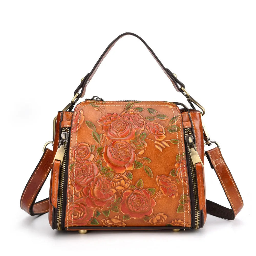 Genuine leather women's square shoulder bag in brown with internal phone and file compartments.