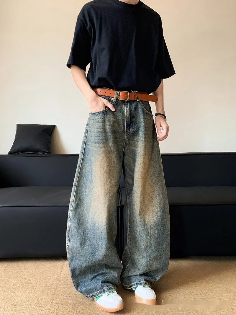 Men's retro blue distressed denim wide-leg trousers with micro elastic cotton blend fabric
