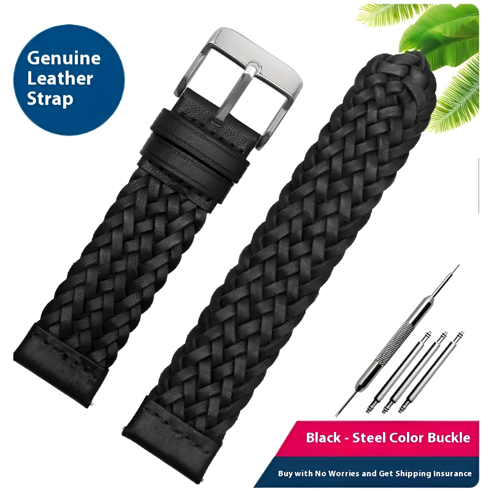 Hand woven genuine leather watch strap with alloy pin buckle, 20mm width, black with silver buckle