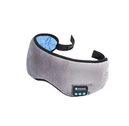 Black Bluetooth sleep eye mask with integrated speakers for wireless music playback and light blocking.