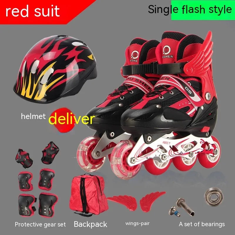 Yellow adjustable children's roller skates with aluminium frame, PU wheels, and a set of protective gear including helmet.