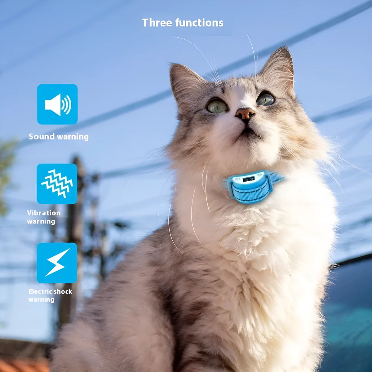 Sky blue ABS anti-cat bark stopper waterproof collar with charging cable and manual, model PC558