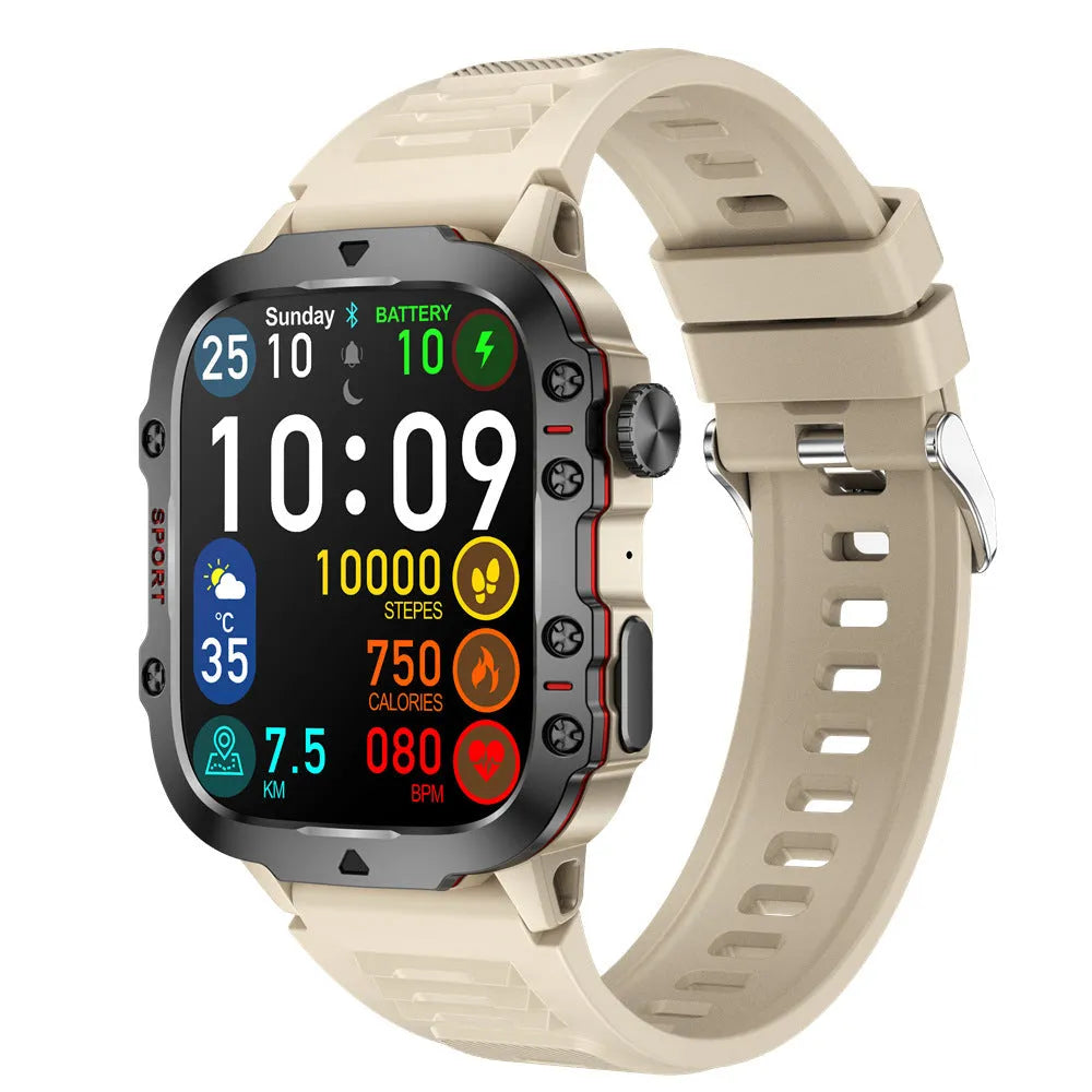 QX11 Smart Watch in black with zinc alloy case and touch screen displaying heart rate and step count.