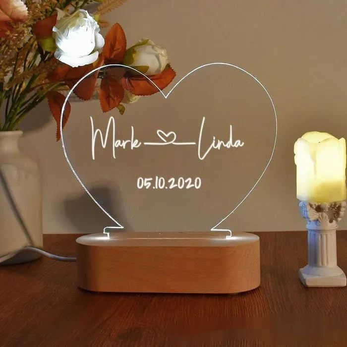 Custom acrylic LED night light with personalised names and date for couples