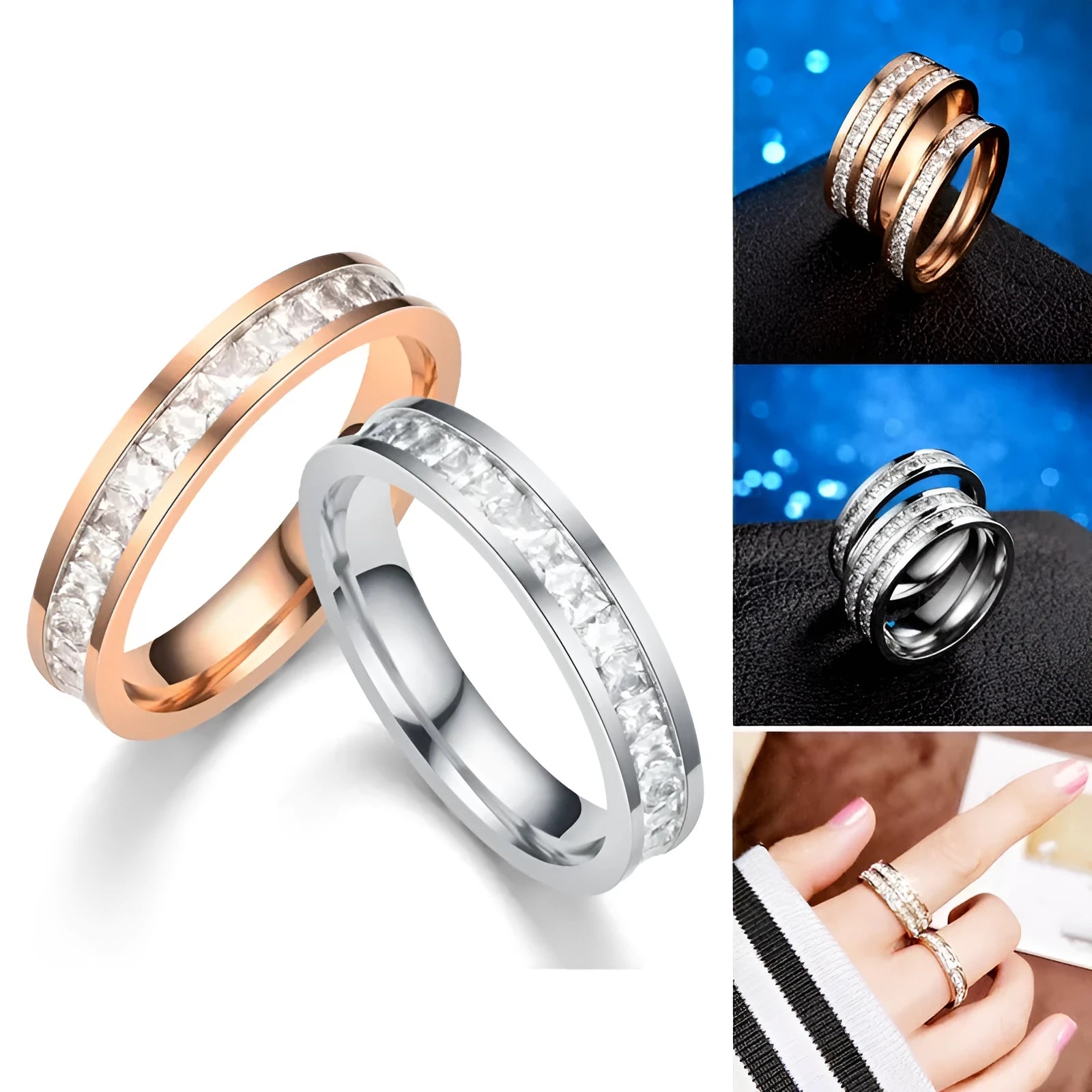 Stainless steel geometric star ring with zircon inlay in gold finish on white background