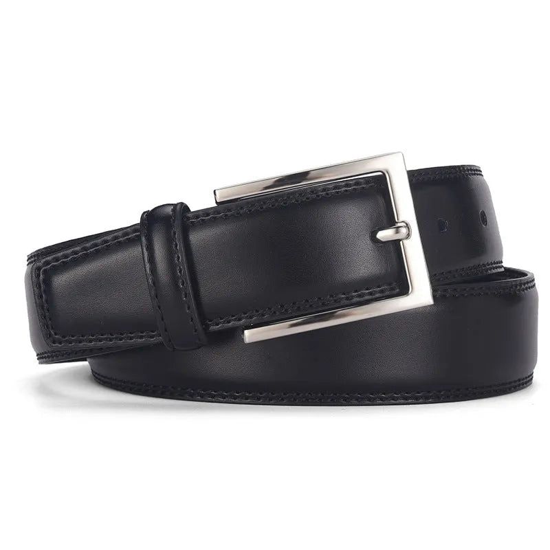 Men's black genuine leather belt with an alloy pin buckle, shown with a length measurement chart.
