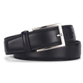 Men's black genuine leather belt with an alloy pin buckle, shown with a length measurement chart.