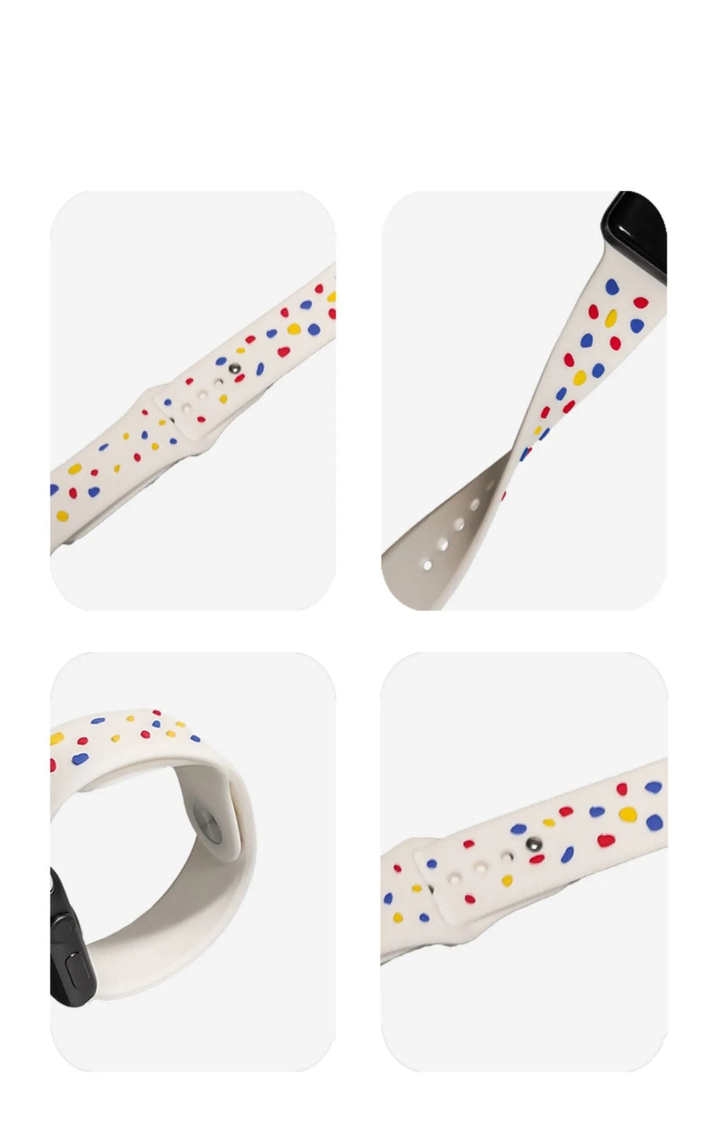 Silicone Apple Watch strap with coloured dot pattern, sizes 38mm to 45mm for generations 1 to 8 and SE