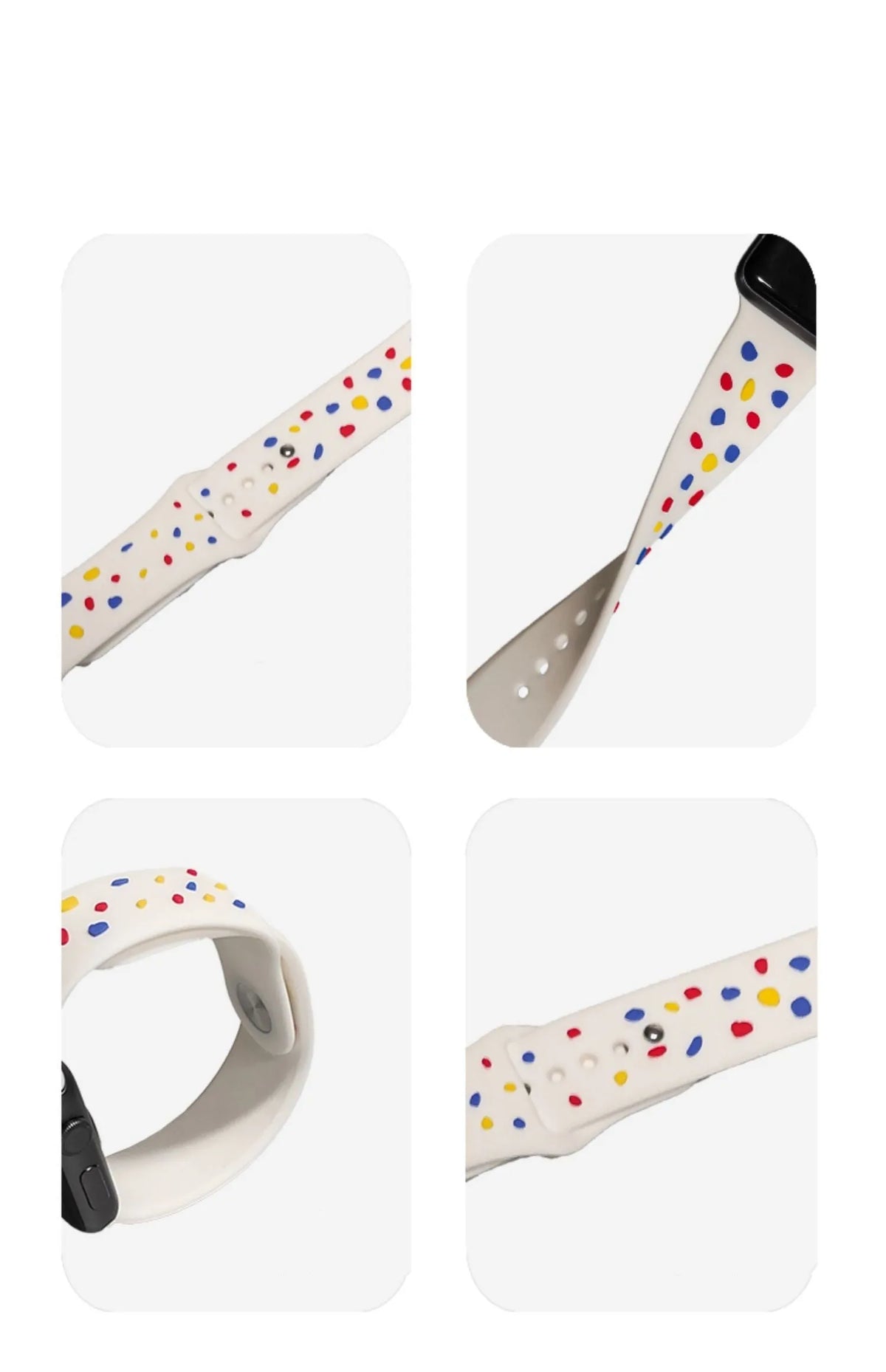 Silicone Apple Watch strap with coloured dot pattern, sizes 38mm to 45mm for generations 1 to 8 and SE