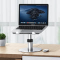 Silver aluminium car laptop stand with height adjustment and rotating base