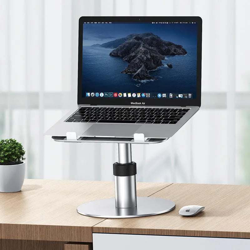 Silver aluminium car laptop stand with height adjustment and rotating base