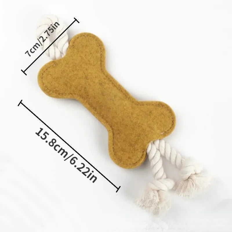 Bone shaped dog rope toy with felt exterior in four colour options
