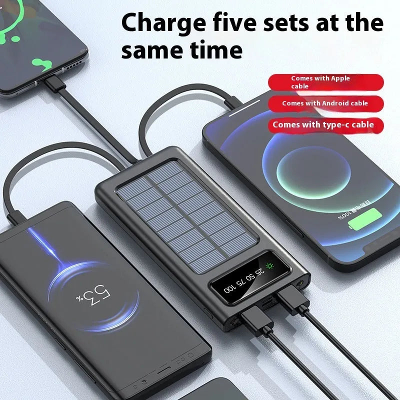 Black solar power bank with 20000mAh capacity and built-in charging cable for mobile phones