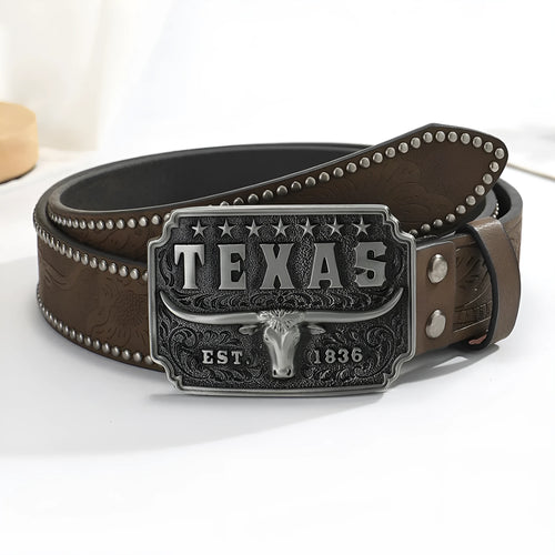Brown PU leather belt with alloy cow head buckle, 120cm length, western retro style