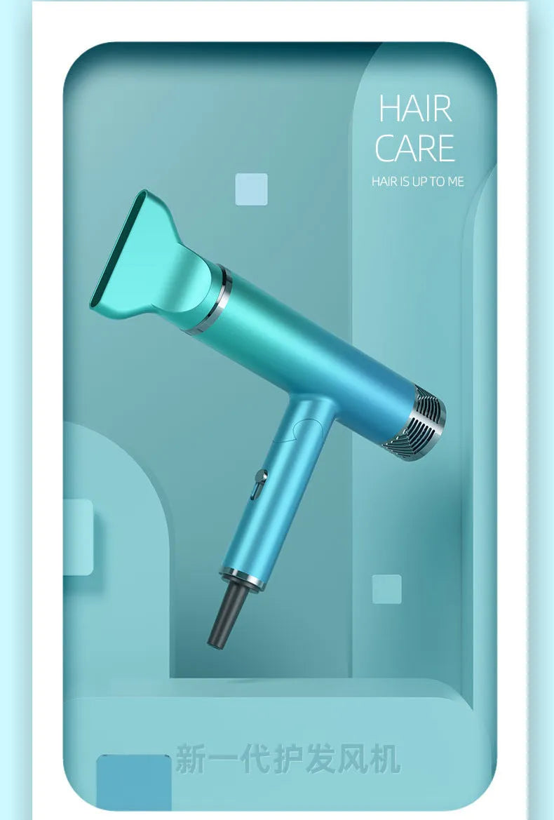 Green foldable hair dryer with collapsed handle next to suitcase showing its compact travel size