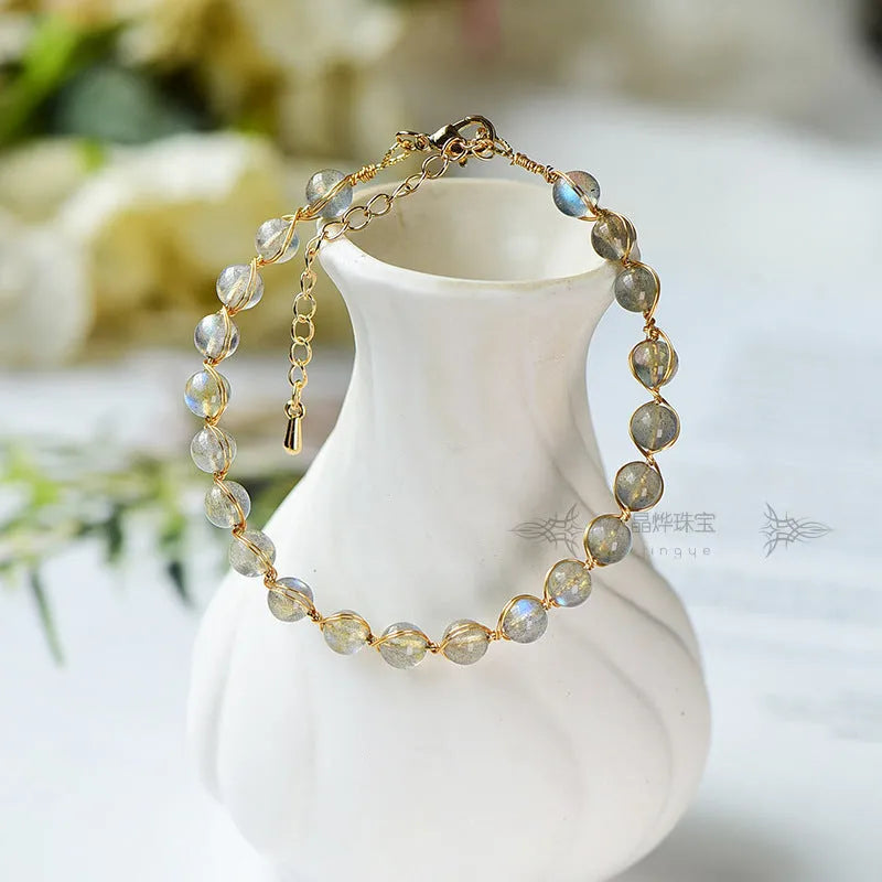 Crystal blue moonstone women's bracelet with 6mm natural stones and 14K gold-plated accents
