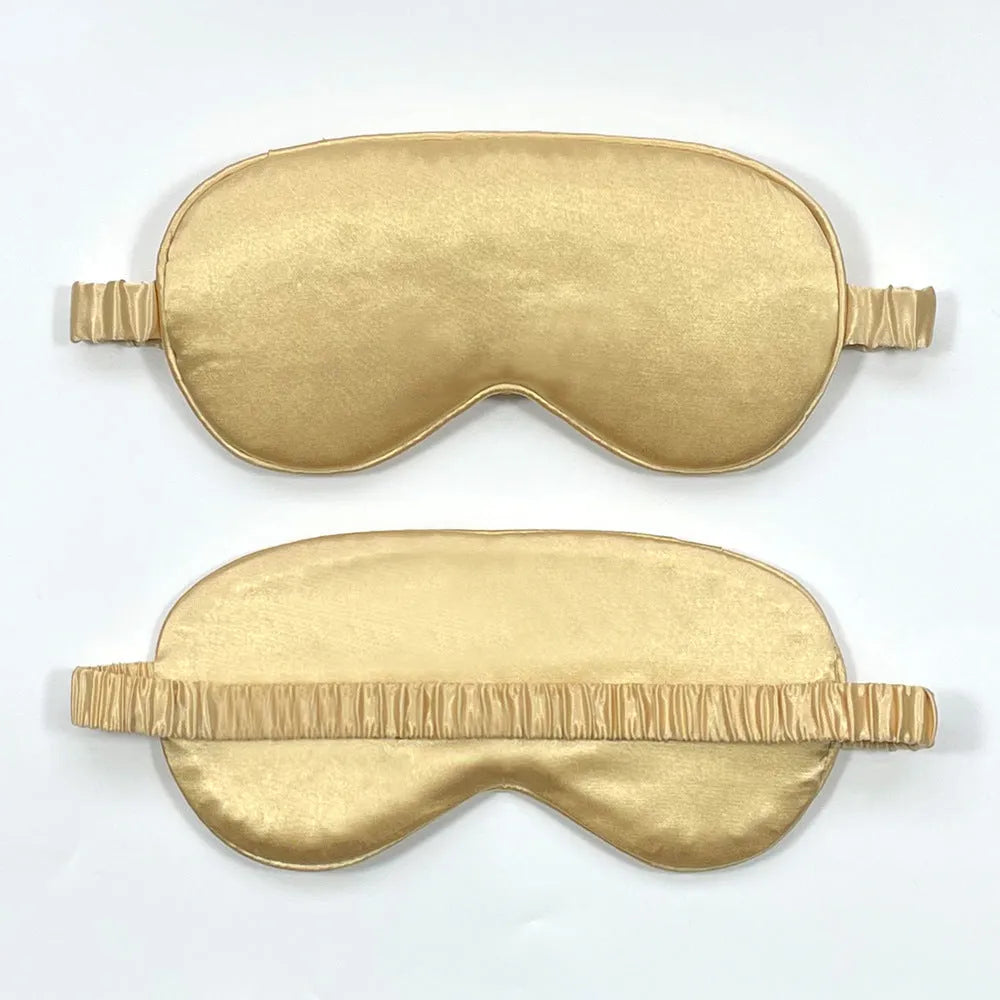 Double-sided rayon elastic satin sleep mask shown in multiple colour options including black, sky blue, and wine red.