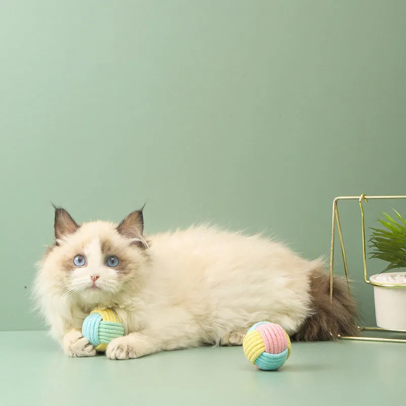 Handmade 5cm cotton plush ball cat toy in blue powder colour for teeth grinding and interactive play