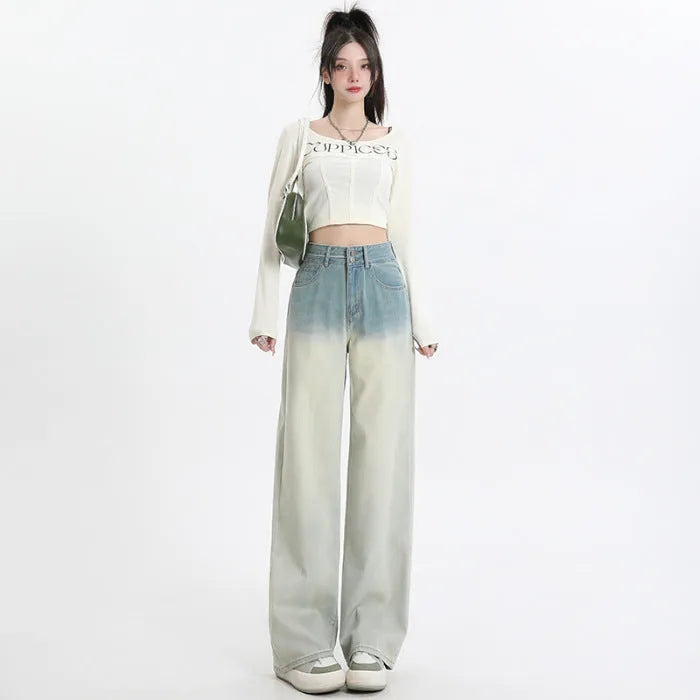 Women's gradient blue straight-leg wide-leg denim jeans in cotton fabric