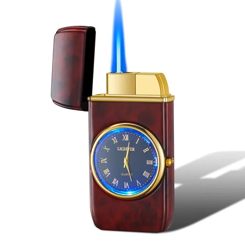 Multifunctional electronic watch and gas lighter with LED lamp in metal casing, shown in various brushed and textured finishes.
