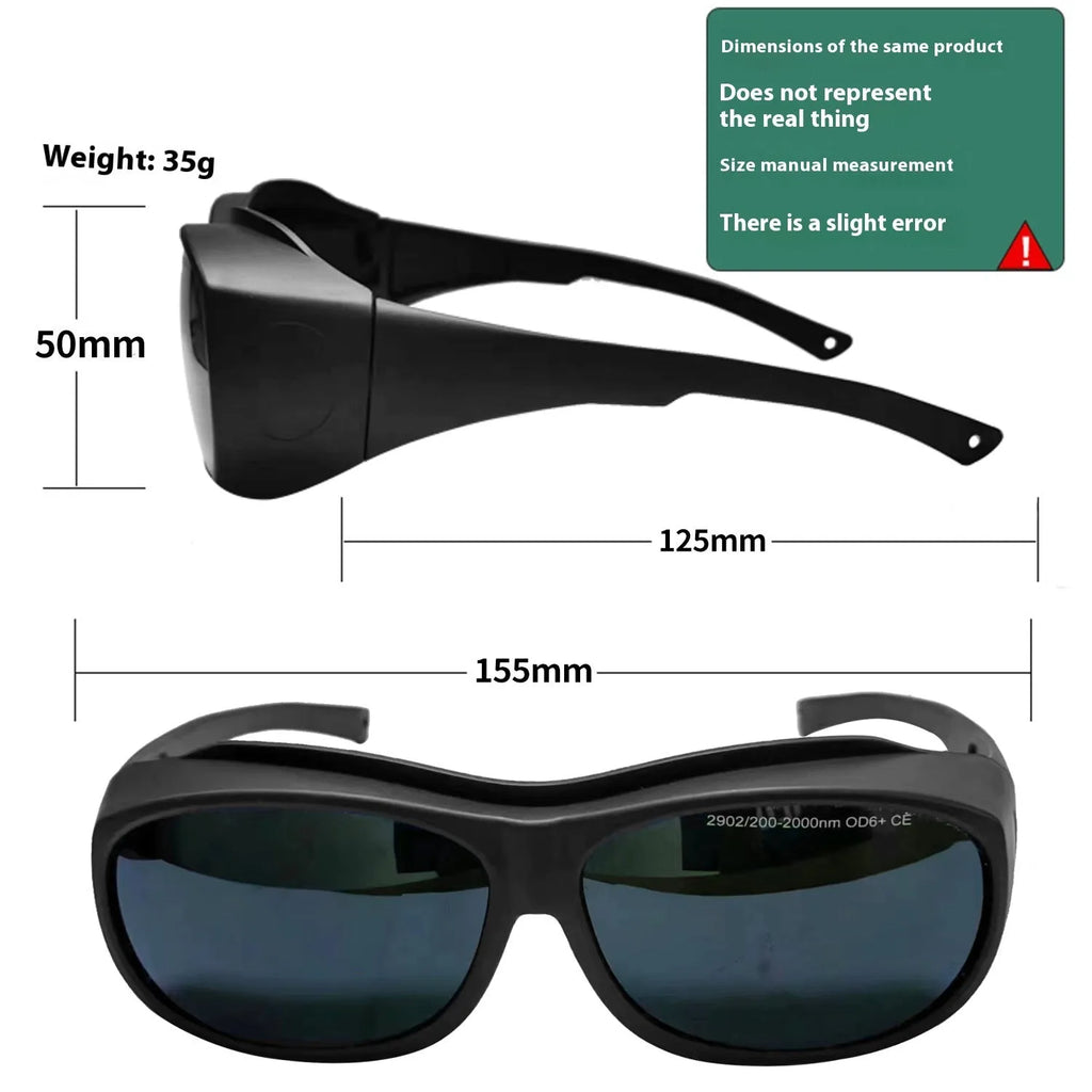 Pair of clear PC laser protection goggles for 200-2000nm wavelength, includes cleaning cloth.